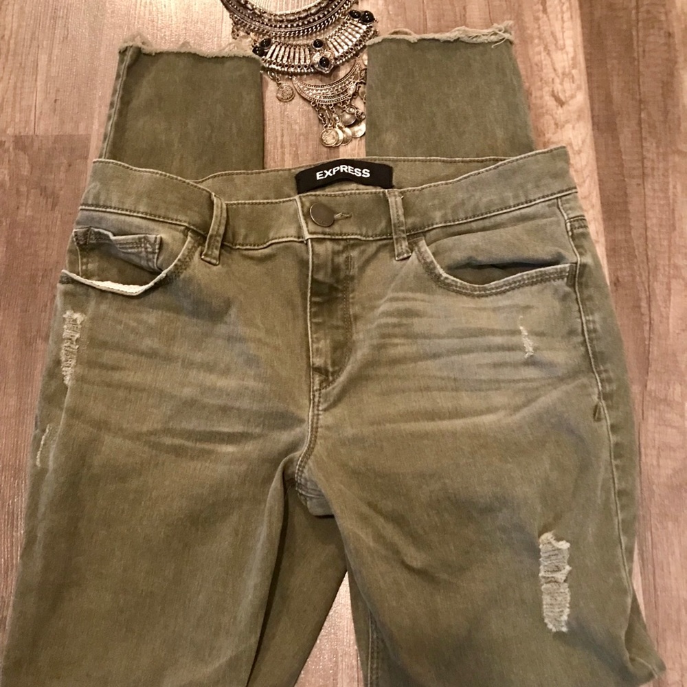 Dark green Express distressed skinny jeans